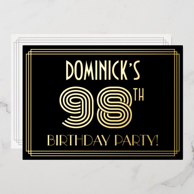 98th Birthday Party — Art Deco Style “98” + Name Foil Invitation (Front/Back)