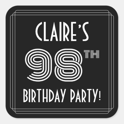 98th Birthday Party Art Deco Style  Custom Name Square Sticker