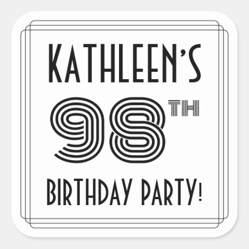 98th Birthday Party Art Deco Style  Custom Name Square Sticker