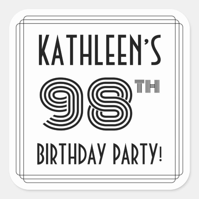 98th Birthday Party: Art Deco Style + Custom Name Square Sticker (Front)