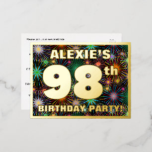 98th Birthday Party: Bold, Colorful Fireworks Look Foil Invitation Postcard
