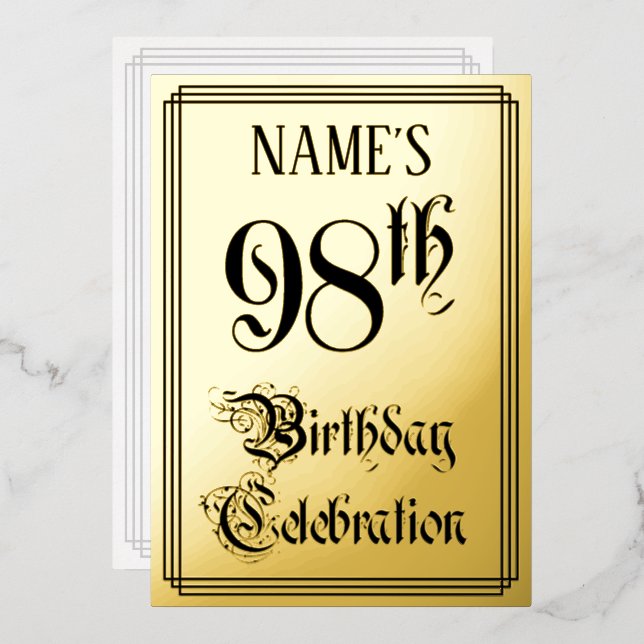 98th Birthday Party — Elegant Script + Custom Name Foil Invitation (Front/Back)