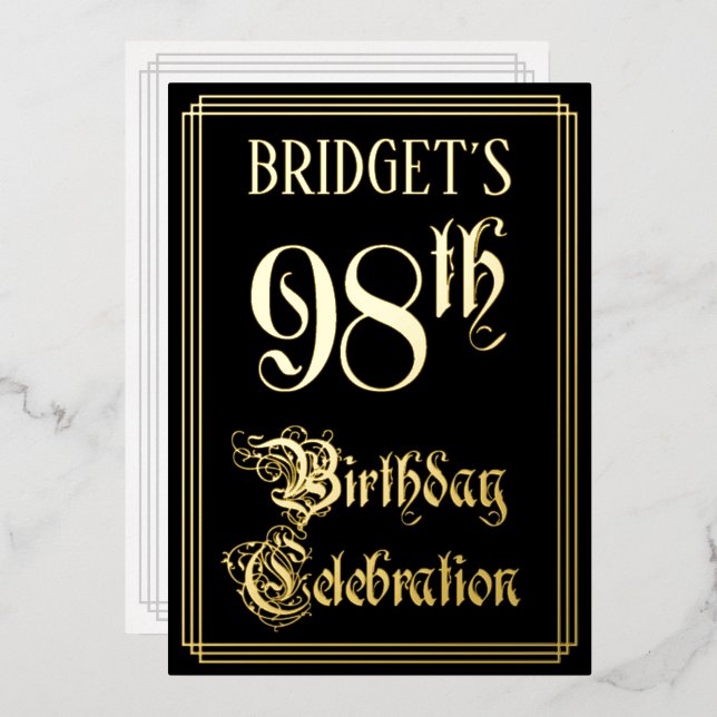 98th Birthday Party — Fancy Script & Custom Name Foil Invitation (Front/Back)