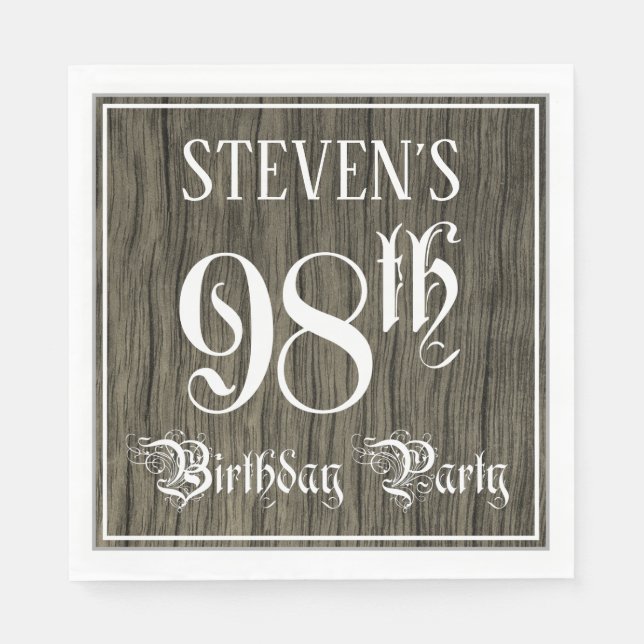 98th Birthday Party — Fancy Script, Faux Wood Look Napkins (Front)