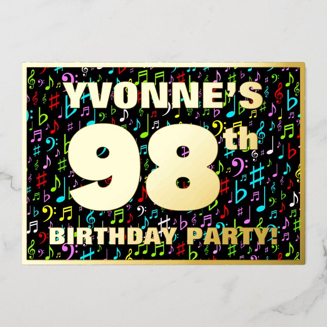 98th Birthday Party — Fun, Colorful Music Symbols Foil Invitation (Front)