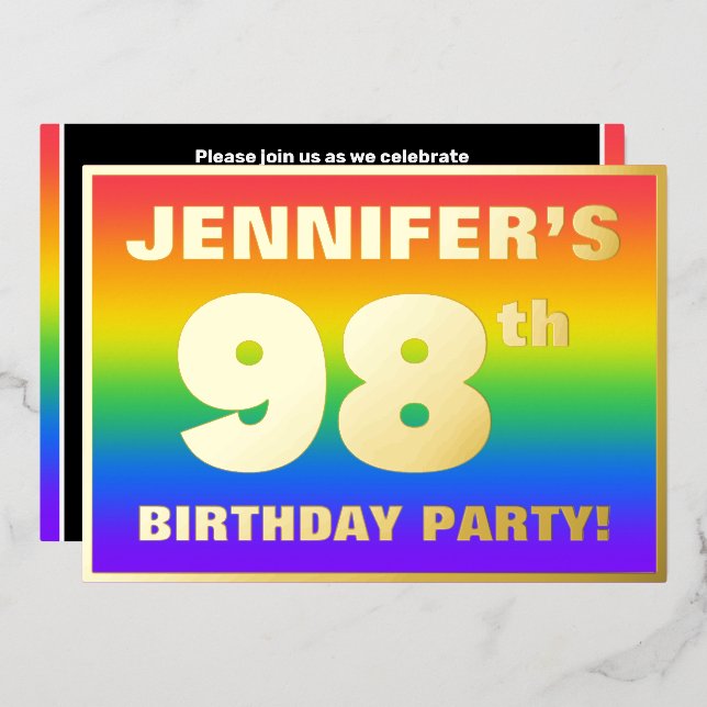 98th Birthday Party: Fun, Colorful Rainbow Pattern Foil Invitation (Front/Back)