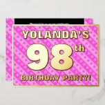 [ Thumbnail: 98th Birthday Party — Fun Pink Hearts and Stripes Invitation ]