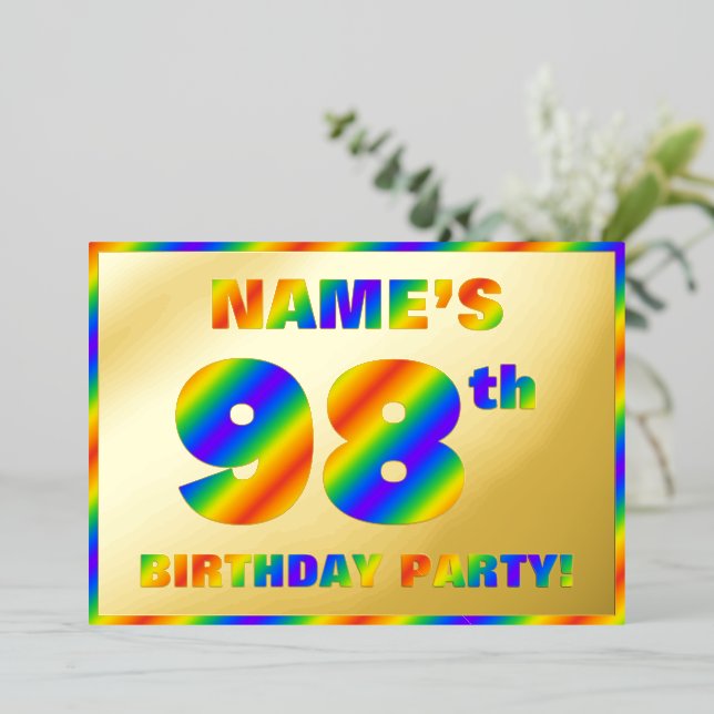 98th Birthday Party — Fun, Rainbow Spectrum “98” Foil Invitation (Standing Front)