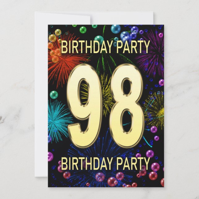 98th Birthday Party Invitation Fireworks Bubbles (Front)