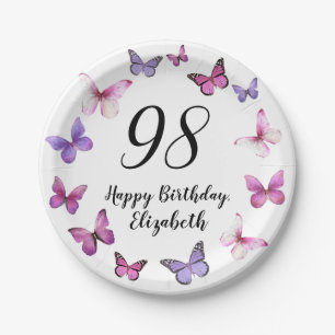 98th Birthday Pink Purple Butterflies Paper Plates