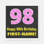 [ Thumbnail: 98th Birthday: Pink Stripes and Hearts "98" + Name Napkins ]