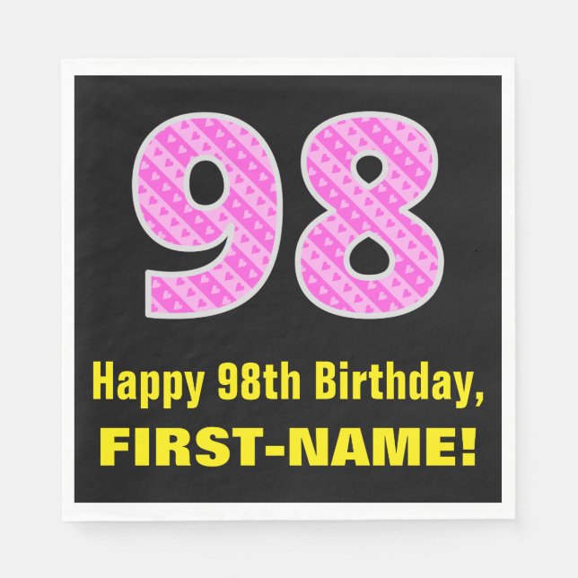 98th Birthday: Pink Stripes and Hearts "98" + Name Napkins (Front)