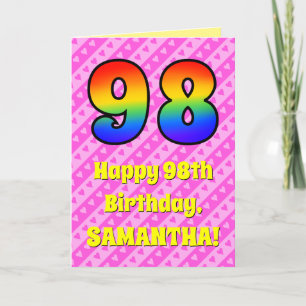 98th Birthday: Pink Stripes & Hearts, Rainbow # 98 Card