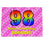 [ Thumbnail: 98th Birthday: Pink Stripes & Hearts, Rainbow # 98 Gift Bag ]