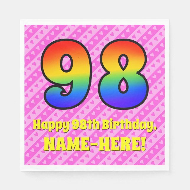 98th Birthday: Pink Stripes & Hearts, Rainbow # 98 Napkins (Front)