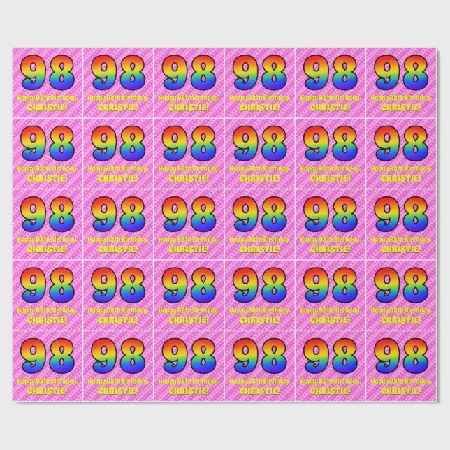 98th Birthday: Pink Stripes & Hearts, Rainbow # 98 Wrapping Paper (Flat)