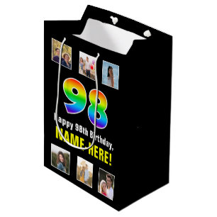 98th Birthday: Rainbow “98“, Custom Photos & Name Medium Gift Bag