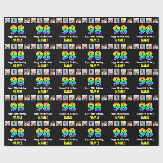 98th Birthday: Rainbow “98“; Custom Photos & Name Wrapping Paper (Seam)