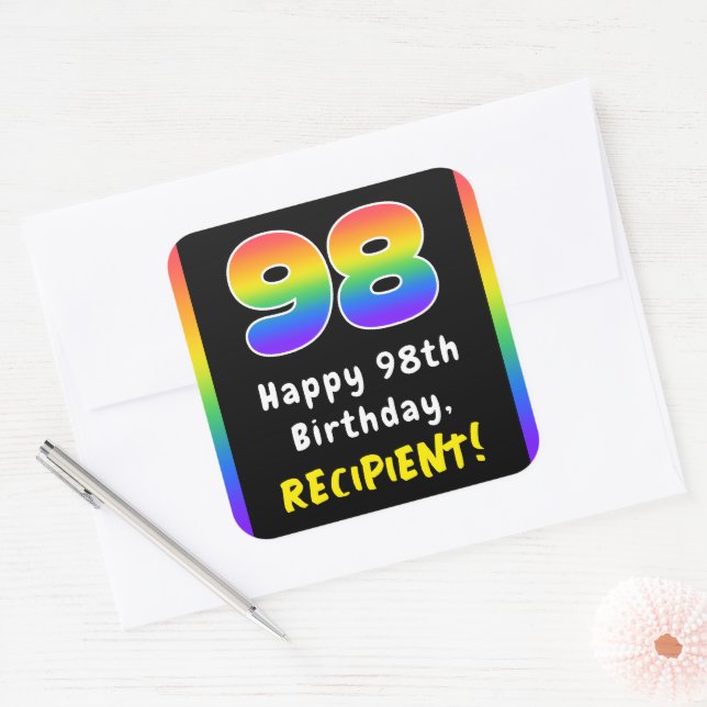 98th Birthday: Rainbow Spectrum # 98, Custom Name Square Sticker (Envelope)