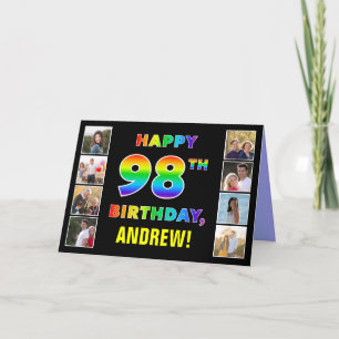 98th Birthday: Rainbow Text, Custom Photos & Name Card