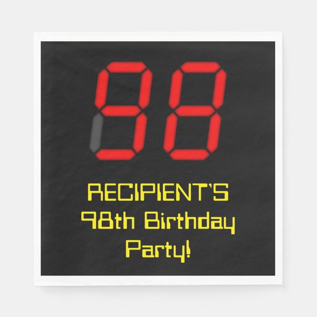 98th Birthday: Red Digital Clock Style "98" + Name Napkins (Front)