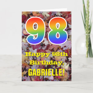 98th Birthday; Rustic Autumn Leaves; Rainbow "98" Card