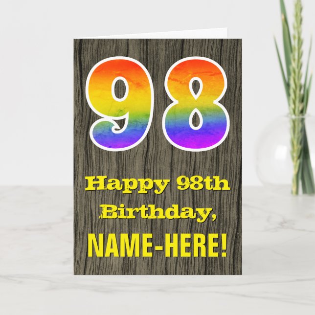 98th Birthday: Rustic Faux Wood Look, Rainbow "98" Card (Front)