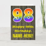 [ Thumbnail: 98th Birthday: Rustic Faux Wood Look, Rainbow "98" Card ]