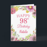 98th Birthday Watercolor Floral Flowers Pink Card<br><div class="desc">98th Birthday Watercolor Floral Flowers Pink Card with personalized name and age. For further customization,  please click the "Customize it" button and use our design tool to modify this template.</div>