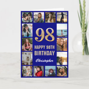 98th Happy Birthday Navy Blue & Gold Photo Collage Card