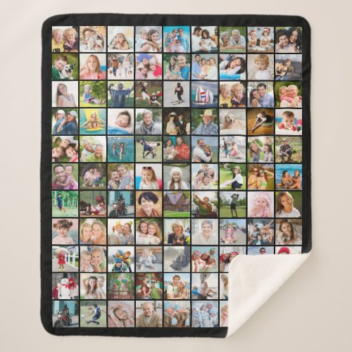 99 Photo Collage Square Pictures Sherpa Blanket - Easily create a photo memory blanket with photo collage of 99 square pictures for family members or commemorating a special event or occasion for a meaningful, memorable photo keepsake gift. PHOTO TIP:  Pre-crop/size your photos into a square shape or have the subject in the middle BEFORE uploading. NOTE that pixelation/blurry warnings may occur and you may choose to resize your original image before uploading or Zazzle LIVE help, online services or the designer may help you. CHANGES:  Select a different background color or choose a styled graphic background by clicking CUSTOMIZE FURTHER. Contact the designer via Zazzle Chat or makeitaboutyoustore@gmail.com if you'd like this design modified or on another product.