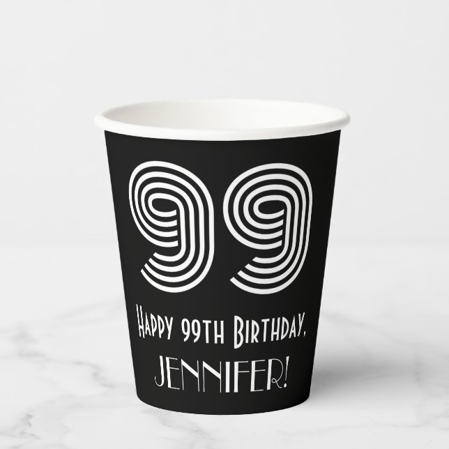 99th Birthday — Art Deco Inspired Look “99” + Name Paper Cups (Front)
