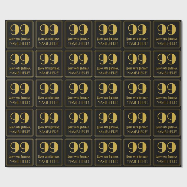 99th Birthday ~ Art Deco Inspired Look "99", Name Wrapping Paper (Flat)