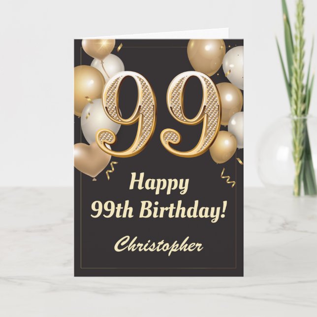 99th Birthday Black and Gold Balloons Confetti Card (Front)