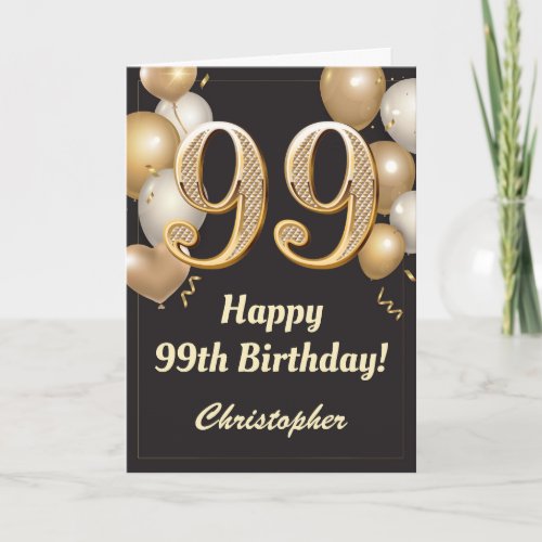 99th Birthday Black and Gold Balloons Confetti Card