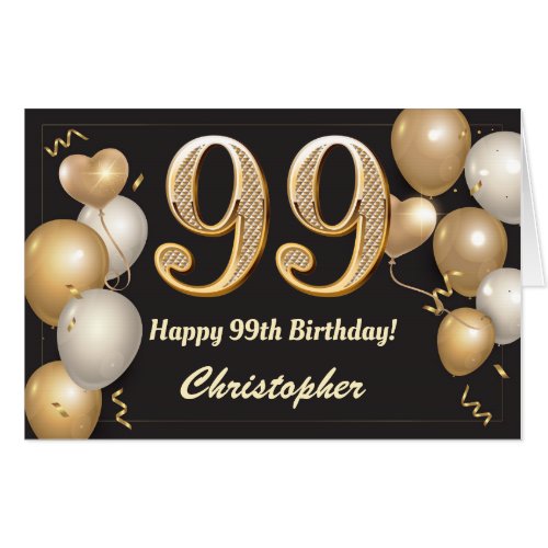 99th Birthday Black and Gold Balloons Extra Large Card