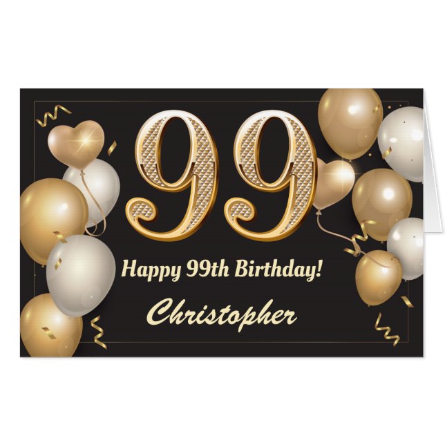 99th Birthday Black and Gold Balloons Extra Large Card (Front Horizontal)