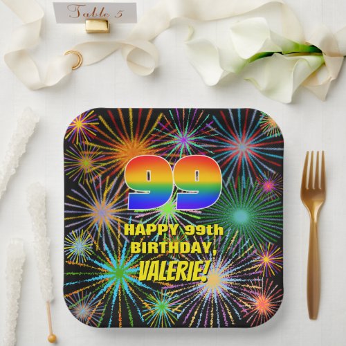 99th Birthday Colorful Fun Celebratory Fireworks Paper Plates