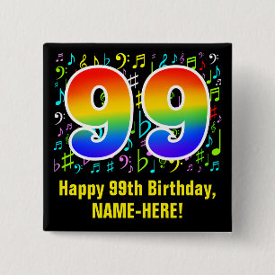 99th Birthday: Colorful Music Symbols, Rainbow 99 Button
