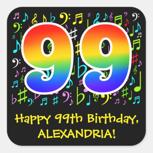 99th Birthday Colorful Music Symbols Rainbow 99 Square Sticker