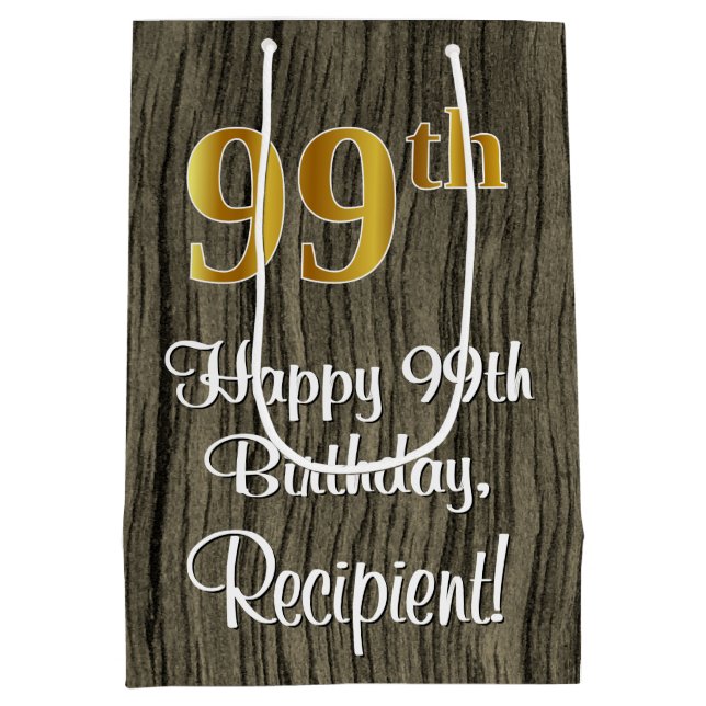 99th Birthday: Elegant Faux Gold Look #, Faux Wood Medium Gift Bag (Back)