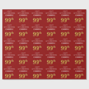 99th Birthday: Elegant, Red, Faux Gold Look Wrapping Paper