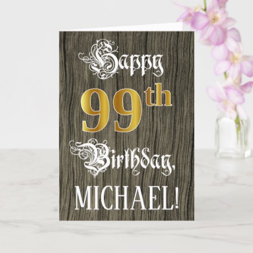 99th Birthday Faux Gold Look  Faux Wood Pattern Card