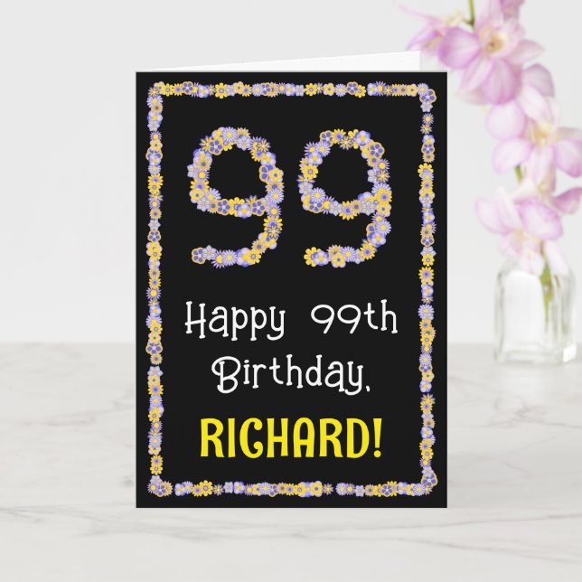 99th Birthday: Floral Flowers Number, Custom Name Card (Orchid)