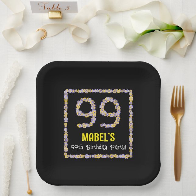 99th Birthday: Floral Flowers Number, Custom Name Paper Plates (Wedding)