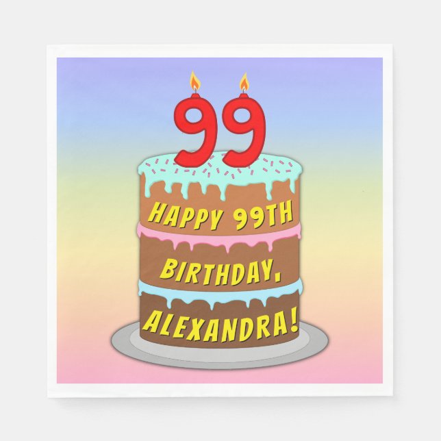 99th Birthday: Fun Cake and Candles + Custom Name Napkins (Front)