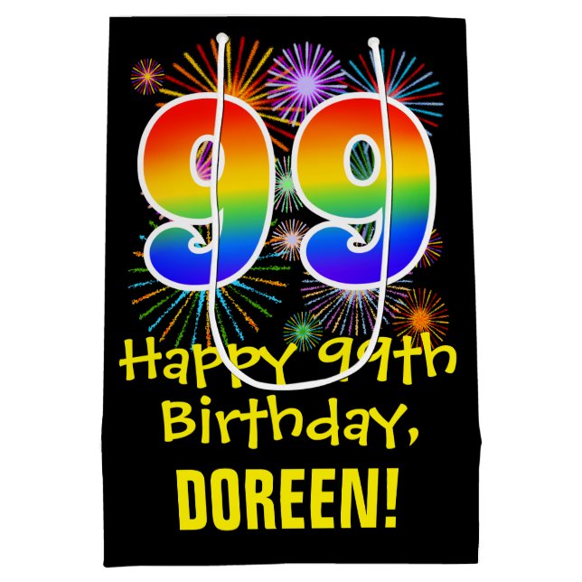 99th Birthday: Fun Fireworks Pattern + Rainbow 99 Medium Gift Bag (Back)