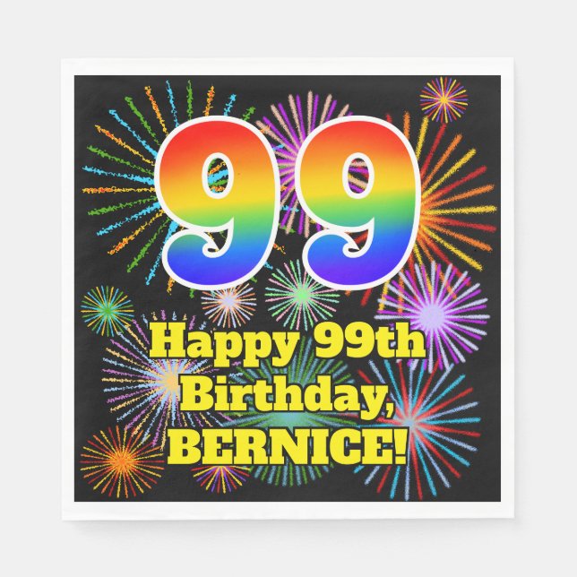 99th Birthday: Fun Fireworks Pattern + Rainbow 99 Napkins (Front)