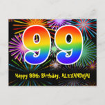 [ Thumbnail: 99th Birthday – Fun Fireworks Pattern + Rainbow 99 Postcard ]