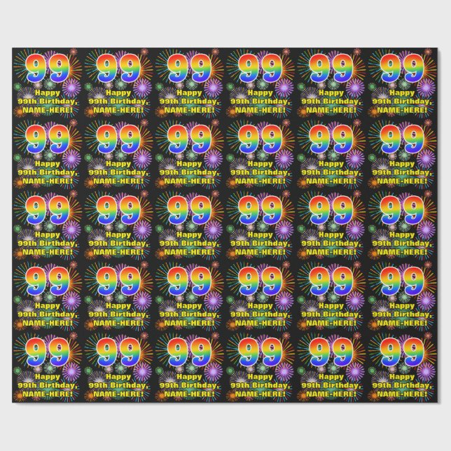 99th Birthday: Fun Fireworks, Rainbow Look # “99” Wrapping Paper (Flat)